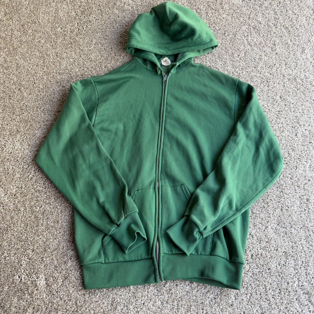 Vintage 70s 80s Sportswear Hoodie Mens Small Green Fleece Zip Solid Sweatshirt